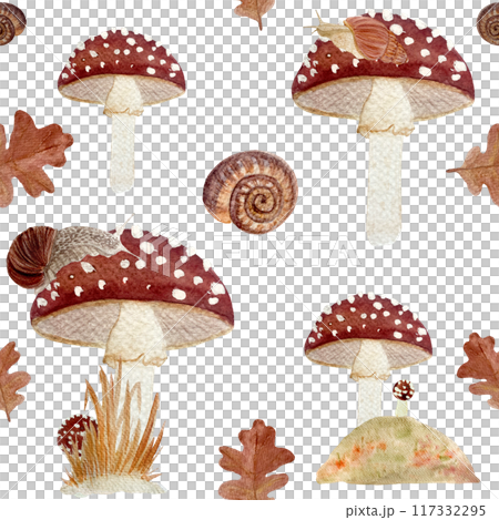 Fly agaric red wild mushroom and a snail textured watercolor seamless pattern isolated on white. This hand-painted design is perfect for fabric, wallpaper, stationery, showcasing a whimsical nature 117332295