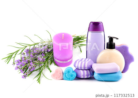 Lavender flowers, scented candle, shampoo and soap isolated on white. Collage. Free space for text. 117332513
