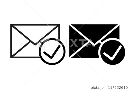 Mail icon. Envelope sign. Vector Illustration. Email icon. Letter icon. Email notification. Contact form. Sign of voting. Sign of choice. Checkbox. Checkmark OK. Symbols YES. Verified mail. 117332610