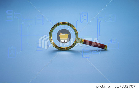 Conceptual inspection icon inside magnifying glass Creativity in work Creativity for new innovations with energy and power Success in growth and development 117332707