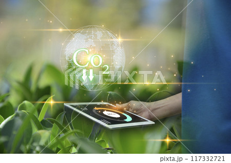 Concept of reducing CO2 emissions on hand for the environment, global warming, sustainable development and green business from renewable energy Concept of reducing CO2 emissions on hand for the environment, global warming, sustainable development and green business from renewable energy 117332721