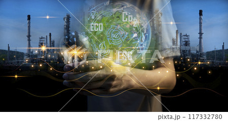 Ideas for reducing CO2 emissions, turning to clean energy for a green world and green industry. 117332780