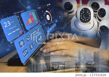 Concept of control and inspection IP wifi wireless security camera supports internet installation technology. security system Smart home applications Concept of control and inspection IP wifi wireless security camera supports internet installation technology. security system Smart home applications 117332826