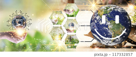 Concept of developing artificial intelligence to coexist with the environment. Turn to clean energy for a green world and green industry. Concept of developing artificial intelligence to coexist with the environment. Turn to clean energy for a green world and green industry. 117332857