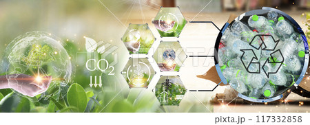 The concept of recycling, reuse, reuse helps reduce global warming. including using clean energy 117332858