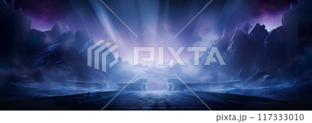 abstract background with stage, light and nature, in style of purple and blue clouds, generative AI 117333010