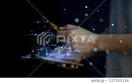 Planning and Strategy Stock Market Business Growth progress or success Businessman or trader hand touches showing virtual hologram stock invest in trading. Planning and Strategy Stock Market Business Growth progress or success Businessman or trader hand touches showing virtual hologram stock invest in trading. 117333114
