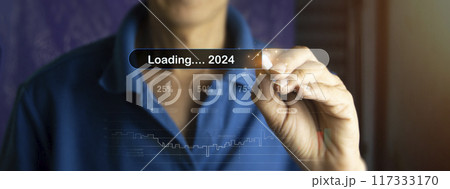 New Year 2024 Concept Modern concept of the arrival of the new year 2024 in the form of a loading bar. 117333170
