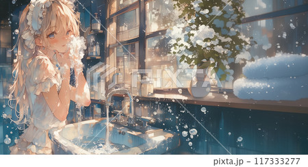 顔を洗う女の子 117333277