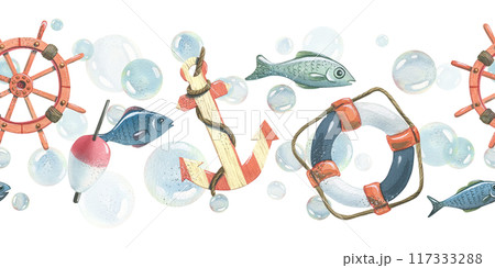 Anchor, ship's wheel, lifebuoy, fishing float with fish and bubbles. Watercolor hand-drawn illustration. Seamless border, pattern, endlessly repeating ornament, on a white background. Anchor, ship's wheel, lifebuoy, fishing float with fish and bubbles. Watercolor hand-drawn illustration. Seamless border, pattern, endlessly repeating ornament, on a white background. 117333288