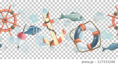 Anchor, ship's wheel, lifebuoy, fishing float with fish and bubbles. Watercolor hand-drawn illustration. Seamless border, pattern, endlessly repeating ornament, on a white background. Anchor, ship's wheel, lifebuoy, fishing float with fish and bubbles. Watercolor hand-drawn illustration. Seamless border, pattern, endlessly repeating ornament, on a white background. 117333288