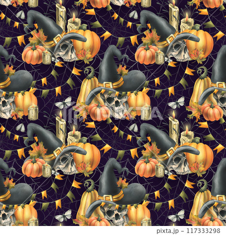 Human skulls in a black witch hat, orange pumpkins, cobwebs, candles and autumn maple leaves. Hand drawn watercolor illustration for Halloween. Seamless pattern on a dark purple background. 117333298