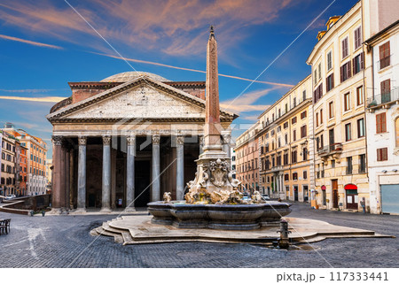 Pantheon temple with a column, view from the Rotonda Sqaure, Rome, Italy Pantheon temple with a column, view from the Rotonda Sqaure, Rome, Italy 117333441