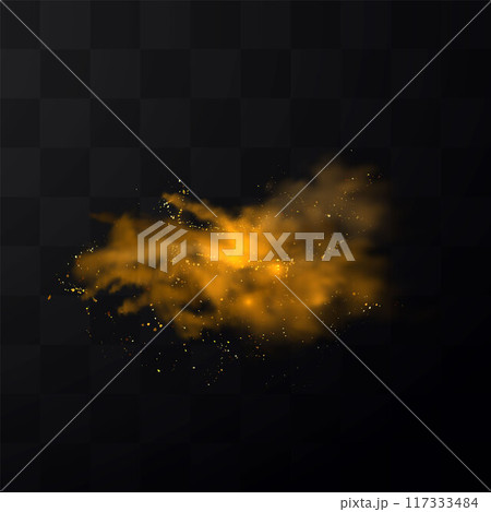 Vector explosion of yellow powder with smoke and sparkling particles. 117333484