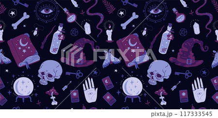 Wicca symbols, esoteric and occult signs vector seamless pattern, skull bones, magic book, witchcraft, wizard alchemical Wicca symbols, esoteric and occult signs vector seamless pattern, skull bones, magic book, witchcraft, wizard alchemical 117333545