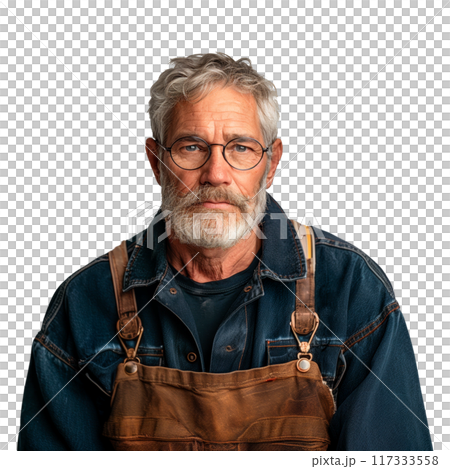 Portrait of a man of European appearance isolated on a white or transparent background. Front view of a mechanic in dirty work clothes. Car repair and maintenance concept. 117333558