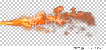 Close-up of a muzzle flash, side view, isolated on a white or transparent background. Fire from a gunshot. Bullet firing flame overlay, design element. Close-up of a muzzle flash, side view, isolated on a white or transparent background. Fire from a gunshot. Bullet firing flame overlay, design element. 117333573