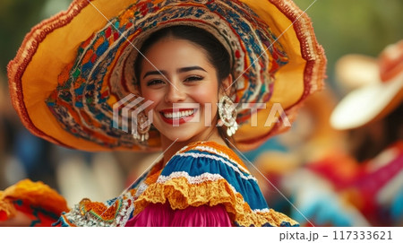 A woman in vibrant traditional clothing with a flower headdress smiles warmly. She is part of a festive scene. Concept of cultural celebration. Hispanic Heritage Month, celebrating culture 117333621