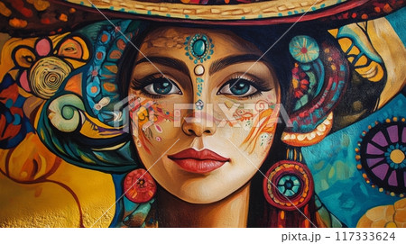 Women in colorful hats and traditional attire. The painting style is intricate and vivid. Concept of cultural diversity and celebration, Hispanic Heritage Month, celebrating culture. 117333624