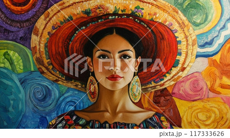 Women in colorful hats and traditional attire. The painting style is intricate and vivid. Concept of cultural diversity and celebration, Hispanic Heritage Month, celebrating culture. 117333626