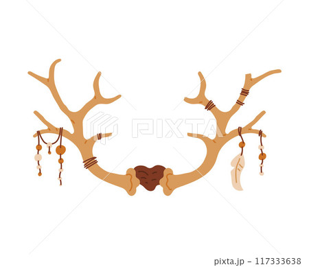 Vector illustration of a amulet depicting deer antlers decorated with feathers, beads and rope on a white background Vector illustration of a amulet depicting deer antlers decorated with feathers, beads and rope on a white background 117333638
