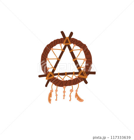 Vector Illustration of a dreamcatcher with a traditional willow hoop, feather, thread, beads on a white background. 117333639