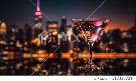 glass of luxury martini drink on big city skyline background, skyscrapers of Manhattan, nightlife 117333721