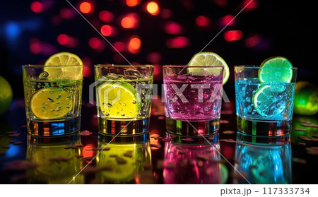 set of colorful alcohol drinks in glasses at bar counter in night club 117333734
