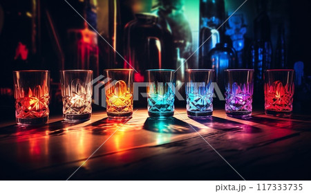 set of colorful alcohol drinks in glasses at bar counter in night club 117333735