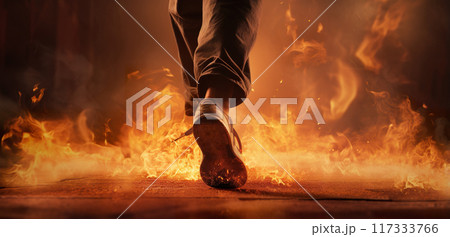 person in sport shoe in flame, sneaker burning, creative ad for banner concept, generative AI 117333766