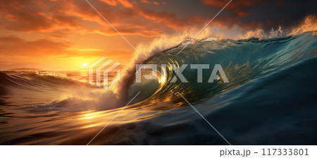 big wave of water during storm in open sea or ocean at sunset, nature background, generative AI 117333801