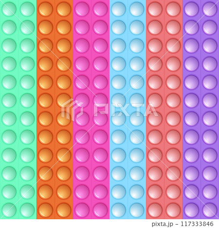 Seamless pattern with trendy game pop it, simple dimple. Rainbow fidget toy. Colorful antistress background. Doodle style. Bubbles popping square shape Seamless pattern with trendy game pop it, simple dimple. Rainbow fidget toy. Colorful antistress background. Doodle style. Bubbles popping square shape 117333846