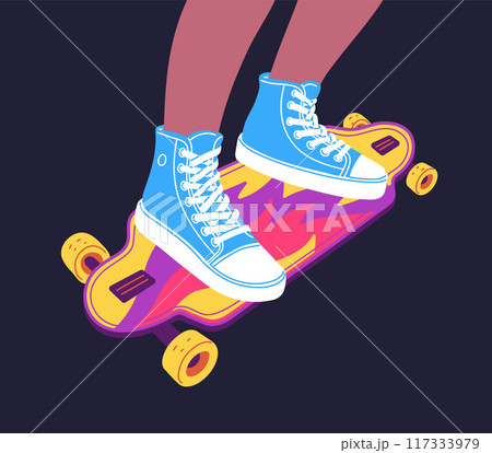 Human feet wearing blue sneakers on a colorful skateboard illustration. 117333979