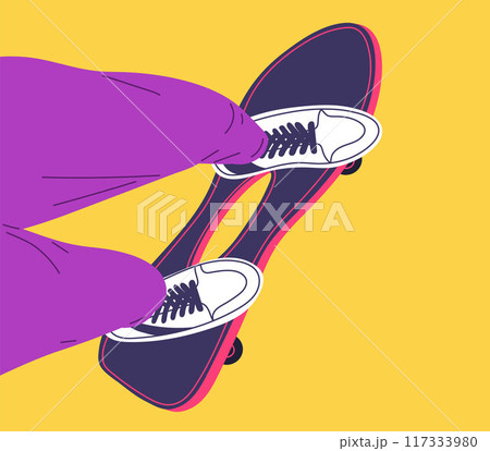 Teenager ride on skateboard with a hole in the middle, above view, vector cartoon legs of person on longboard Teenager ride on skateboard with a hole in the middle, above view, vector cartoon legs of person on longboard 117333980