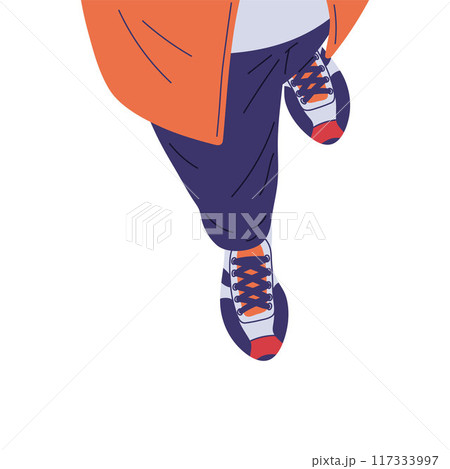Flat cartoon illustration of human legs wearing sneakers and an orange jacket. Flat cartoon illustration of human legs wearing sneakers and an orange jacket. 117333997