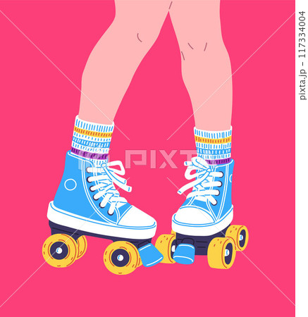 Teenager roller skating, vector girl skater on rollerblades on pink, legs on blue retro roller skates sneakers design Teenager roller skating, vector girl skater on rollerblades on pink, legs on blue retro roller skates sneakers design 117334004