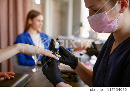 Elegant woman friends receiving manicure beauty procedure at professional salon Elegant woman friends receiving manicure beauty procedure at professional salon 117334086