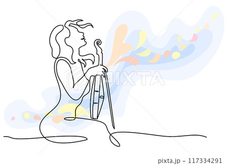 Violinist woman resting with violin on lap. Continuous one line drawing Violinist woman resting with violin on lap. Continuous one line drawing 117334291