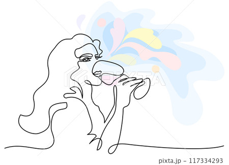 Girl drinks wine or champagne from glass. Linear silhouette of woman with glass goblet. 117334293