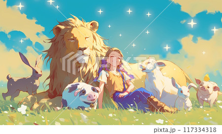 一緒に仲良く過ごす少女とライオンとヤギと豚とウサギとヒヨコ 一緒に仲良く過ごす少女とライオンとヤギと豚とウサギとヒヨコ 117334318