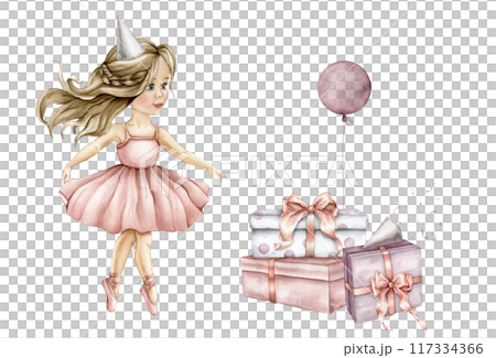 Cute watercolor dancing ballerina in pink dress and blond hair in party hat. Hand drawn illustration set of gift boxes with bows . Young ballerina kid illustration isolated. For Happy Birthday girls 117334366