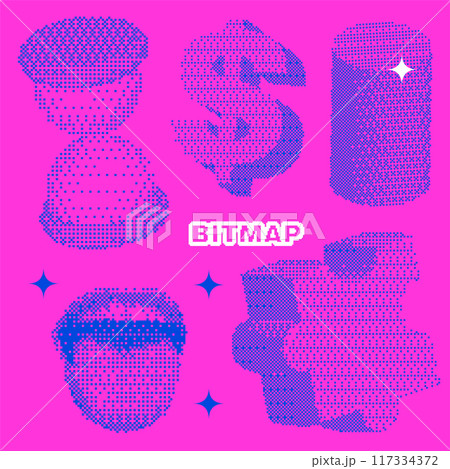 Universal trendy pixel textured geometric bright bold 3d shapes set. Collection of different bitmap graphic elements - mouth, dollar, cylinder, puzzle and hourglass. 80s vector elements for collage. 117334372