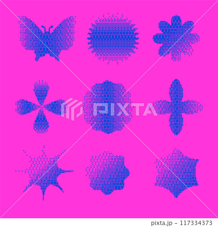 Geometry wireframe shapes and grids set. Abstract cyberpunk elements, in trendy Brutalism style, neon color. 00s Y2k retro futuristic aesthetic. Flat pixelated vector illustrations, 117334373