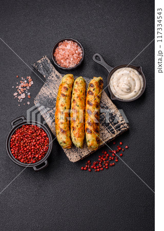 Delicious fresh vegetarian sausage or sausage made from vegetable protein tofu or seitan legumes 117334543