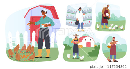 Set Of Farmers Engaged In Activities On Poultry Farm Include Feeding Chickens, Checking On Birds, And Collecting Eggs Set Of Farmers Engaged In Activities On Poultry Farm Include Feeding Chickens, Checking On Birds, And Collecting Eggs 117334862