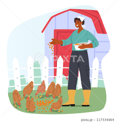 Joyful Woman In Rubber Boots Feeds Chickens In A Rustic Setting. Vector Illustration Showcasing Daily Farm Life 117334864