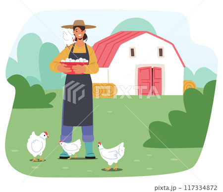 Smiling Woman Collects Fresh Eggs In A Basket On A Sunny Farm Day, Symbolizing Self-sufficiency And Organic Farming Smiling Woman Collects Fresh Eggs In A Basket On A Sunny Farm Day, Symbolizing Self-sufficiency And Organic Farming 117334872