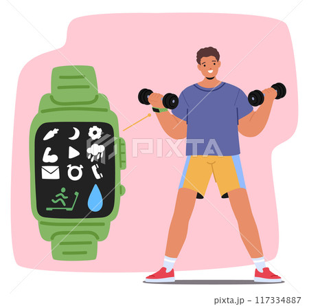 Cartoon Man Lifting Weights While Using A Smartwatch Displaying A Fitness App. Vector Image Conveys Themes Of Health 117334887