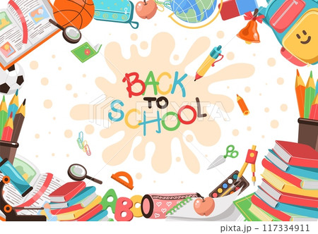 Back to school poster. Cartoon kids studying supplies. Stationery and textbooks. Children education. Notebook pages. Lesson books. Educational elements. Splendid vector frame banner 117334911