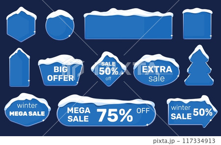 Banners with snow ice caps. Winter sales. Christmas or New Year discount. Cold season. Different shapes covered with snowdrifts. Shop special offer. Frost design. Signboards vector set 117334913